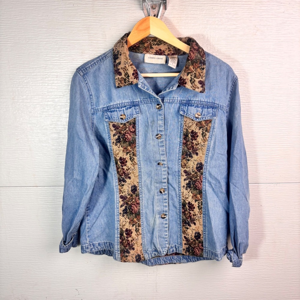 Vintage Lemon Grass Denim Jacket Floral Tapestry Cottagecore 90s Large